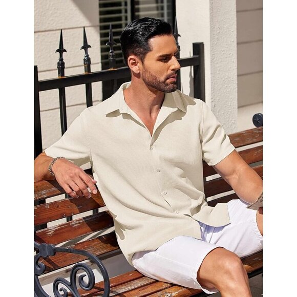 Men Beige Waffle Shirt Short Sleeve Button Down Beach Texture Wrinkle Free Shirt - Picture 3 of 6